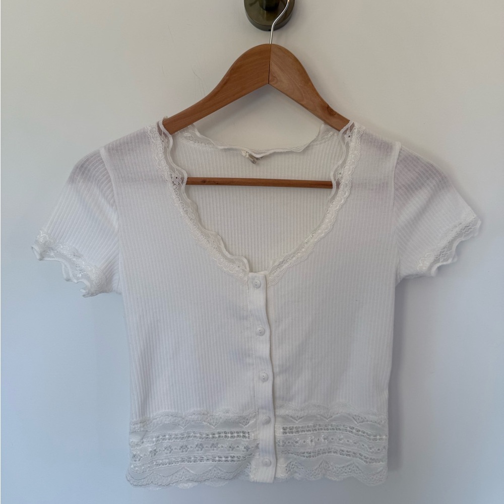 Caution to the Wind White Lace Trim Button-Up Women's Top